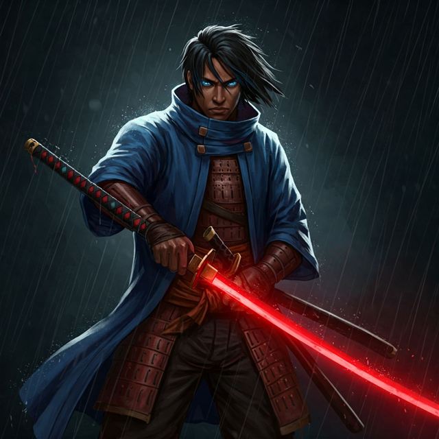 Un samouraï cyberpunk dégainant une lame rouge lumineuse sous la pluie